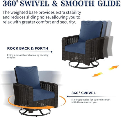 6 Piece Patio Furniture Set,Outdoor Conversation Set with Swivel Rocker Chairs, 3-Seat Sofa, Ottomans and Side Table, Modern Rattan Couch Set for Garden, Deck, Balcony, Navy Blue