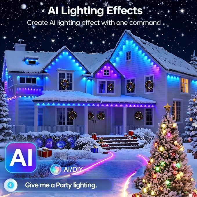 Permanent Christmas Outdoor Lights for House, 100ft RGB+IC and Tunable White Warm to Cool Color Changing Exterior Lighting, IP67 72 LED Eave Lights for Holiday, Christmas, Daily Lighting