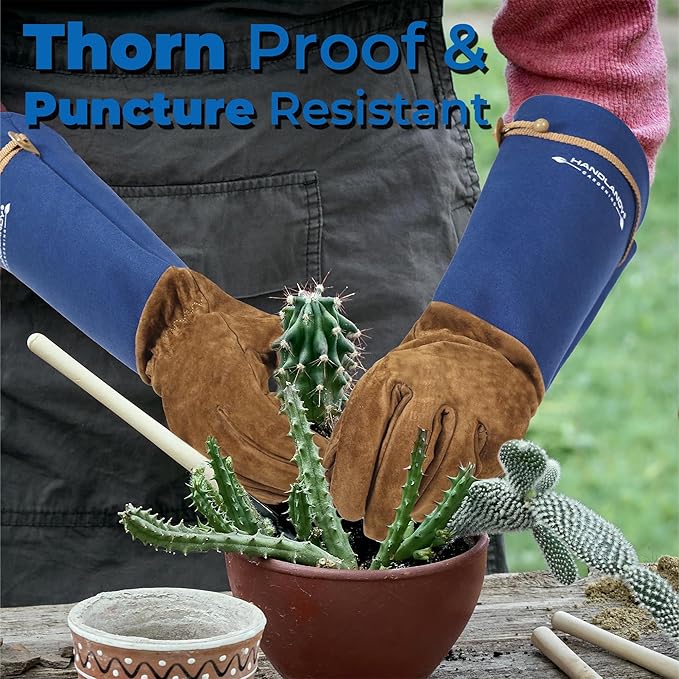 HANDLANDY Long Gardening Gloves for Men & Women, Pigskin Leather Rose Pruning Gloves, Breathable Thorn Proof Gauntlet Glove (Blue, S)