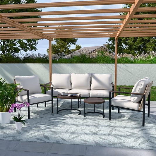 COOS BAY Sand Dune 5 Piece Wicker Patio Furniture Set, Rattan Outdoor Furniture with Nesting Tables, Chairs, Couch, and Coffee Tables, Brown/Beige