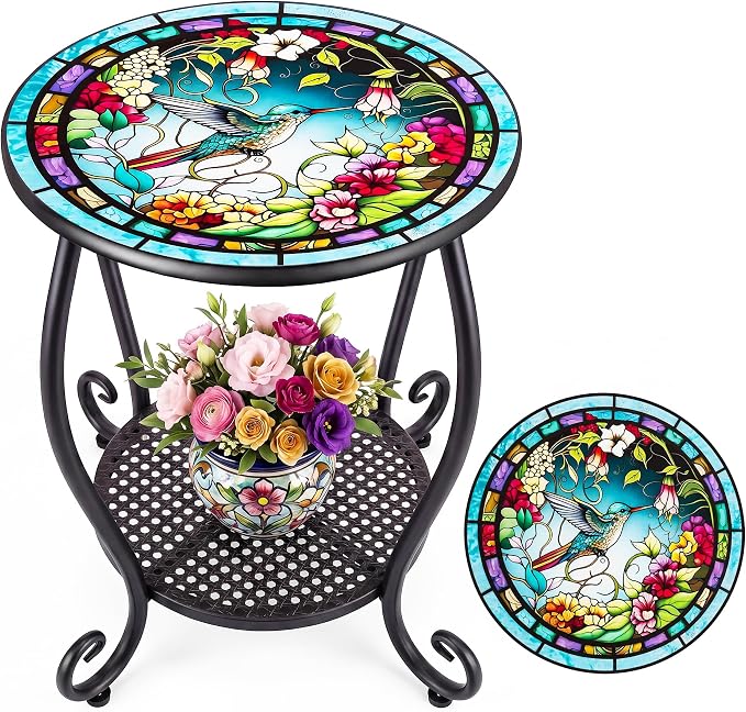 Outdoor Side Table,Small Round Patio Acceet End Plant Metal Coffee Table for Yard Porch Garden Patio Living Room, Bedroom(Hummingbird)