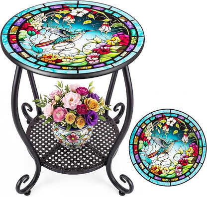 Outdoor Side Table,Small Round Patio Acceet End Plant Metal Coffee Table for Yard Porch Garden Patio Living Room, Bedroom(Hummingbird)