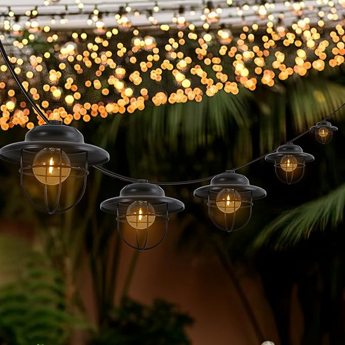 JONATHAN Y JYL8703A Indoor Outdoor Rustic Farmhouse Incandescent G40 Metal Cage Shade String Lights Garden Patio Backyard Porch Balcony, 10 ft. 10-Light, Black
