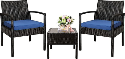 3 Piece Outdoor Patio Furniture Sets, Rattan Conversation Set with Soft Cushion, Wicker Chairs with Coffee Table for Yard Backyard Lawn Porch Poolside Balcony, Blue