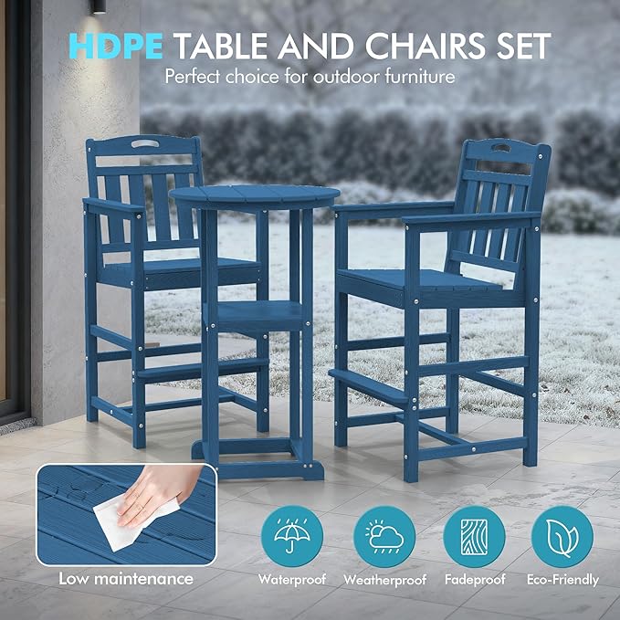 Ciokea Balcony Chairs and Table 3 Pieces Set, Outdoor High Top Bar Set, HDPE Oversized Adirondack Bar Chairs Set of 2 and Round Table for Outside Dining Bistro Poolside Backyard, Navy Blue