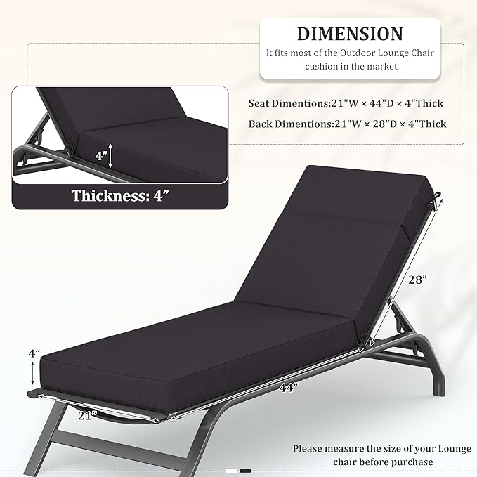 Chaise Lounge Cushions Outdoor, 72" L X 21" W X 4" D Lounge Chair Cushions for Outdoor Furniture, High-Density Foam Outdoor Chaise Cushion-Waterproof Fade-Resistant ThickPatio lounge chair cushion