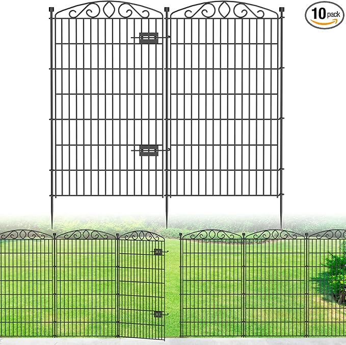 10 Panel No Dig Decorative Garden Fence with Gate - 48in H x 22.6 ft L,Dog Fence Outdoor for Yard,Tall Animal Barrier for Dogs Rabbits, Rustproof Metal Wire Panels for Yard,Patio, Flower Bed