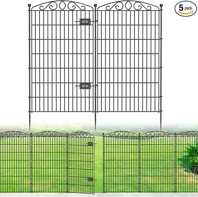 5 Panel No Dig Decorative Garden Fence with Gate - 48in H x 11.4 ft L, Tall Animal Barrier for Dogs Rabbits, Rustproof Metal Wire Panels for Yard, Patio, and Outdoor Border Use