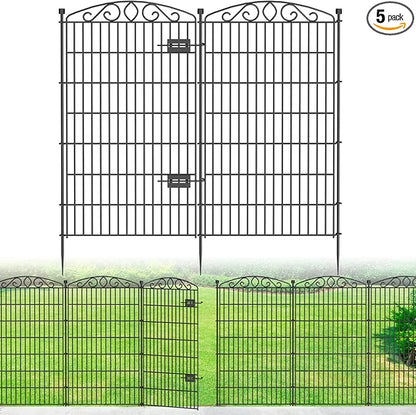 5 Panel No Dig Decorative Garden Fence with Gate - 48in H x 11.4 ft L, Tall Animal Barrier for Dogs Rabbits, Rustproof Metal Wire Panels for Yard, Patio, and Outdoor Border Use