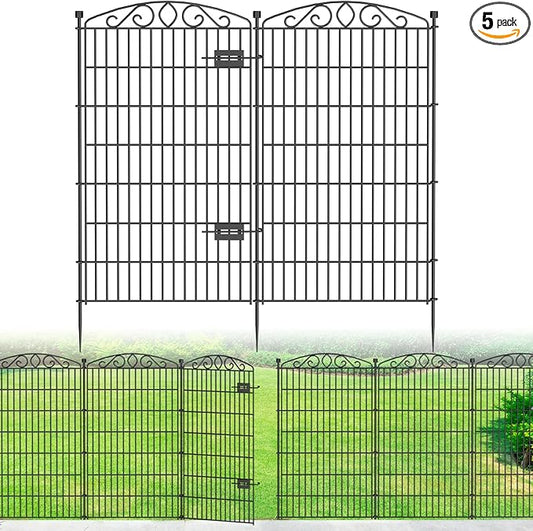 5 Panel No Dig Decorative Garden Fence with Gate - 48in H x 11.4 ft L, Tall Animal Barrier for Dogs Rabbits, Rustproof Metal Wire Panels for Yard, Patio, and Outdoor Border Use