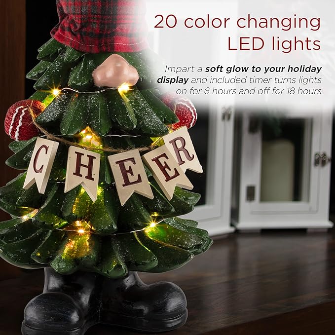 Alpine Corporation 28" Tall Christmas Tree Cheer Gnome Holiday Decoration with 20 Color Changing LED Lights, Multicolor