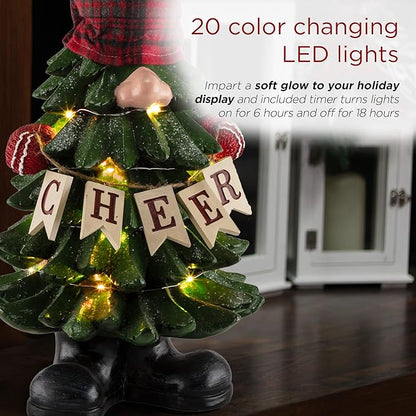Alpine Corporation 28" Tall Christmas Tree Cheer Gnome Holiday Decoration with 20 Color Changing LED Lights, Multicolor