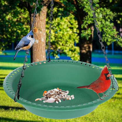 Hanging Bird Feeder Tray with Drainage Holes for Outside, Rugged Recycled Plastic Wild Bird Feeding Station (10 inch, Green)