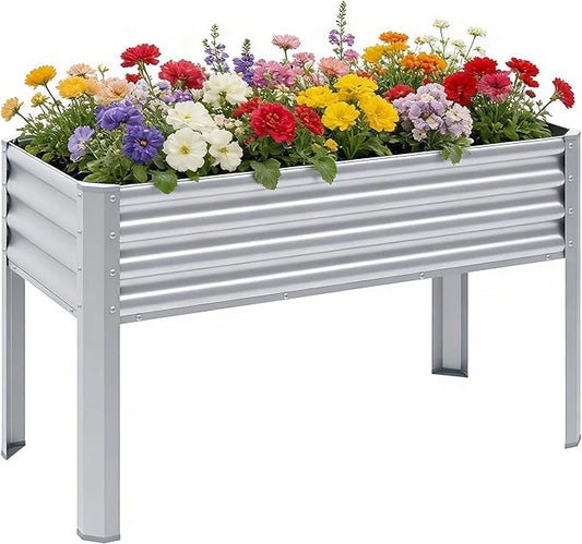 Galvanized Raised Garden Bed with Legs, 48×24×32in Large Metal Elevated Raised Planter Box with Drainage Holes for Backyard, Patio, Balcony, 400lb Capacity,Sliver