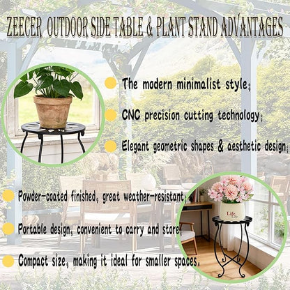 MINI Outdoor Side Tables, 10" Round 15" Tall Patio Side Table Plant Stand, Set of 1 Metal Small Round Side Table for Patio Yard Porch Balcony Garden Bedside Indoor Outdoor Use