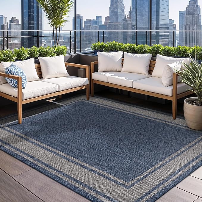 Beverly Rug Outdoor Rug 8x10 Modern Bordered Area Rugs for Indoor and Outdoor Patio Deck Porch Garden Waterproof Weather Sun Resistant Washable Outside Carpet (8 x 10 Navy)