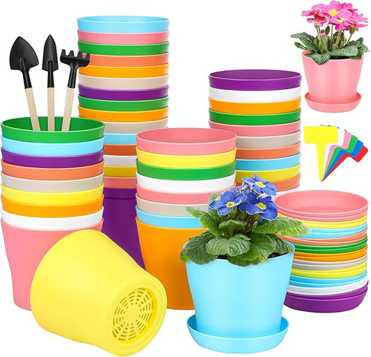 48 Pack Plastic Planters 4 Inch Flower Plant Pots Indoor Set Thickened Seedling Nursery Pots Seed Starting Pots with Drainage Holes Saucers, Mini Garden Tools for Home Office Garden, Multicolor