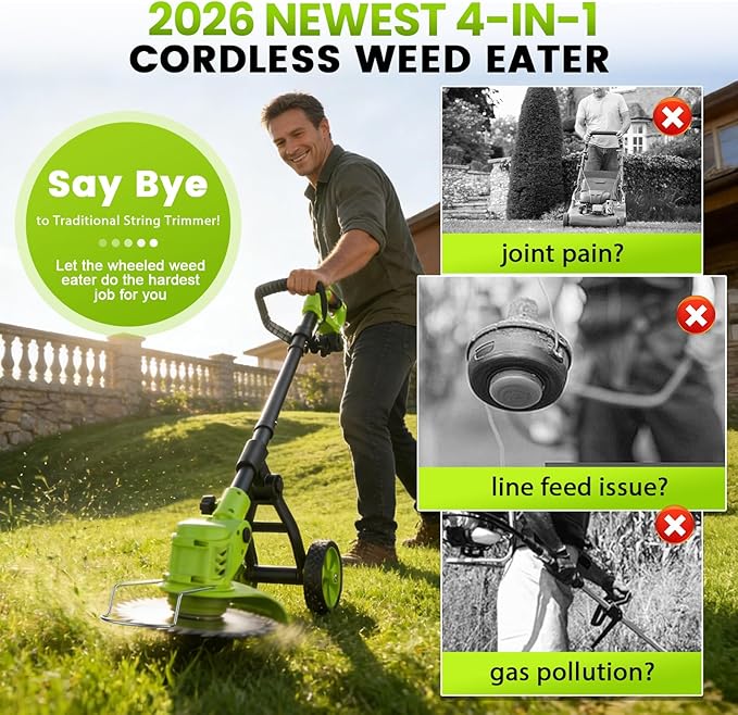 Weed Wacker Cordless with Wheel, 4 in 1 Electric Weed Eater Battery Powered Brush Cutter String Trimmer Edger, 4000mAh Stringless Weed Trimmer Lightweight Grass Trimmer Mower, 2 Battery and Charegr