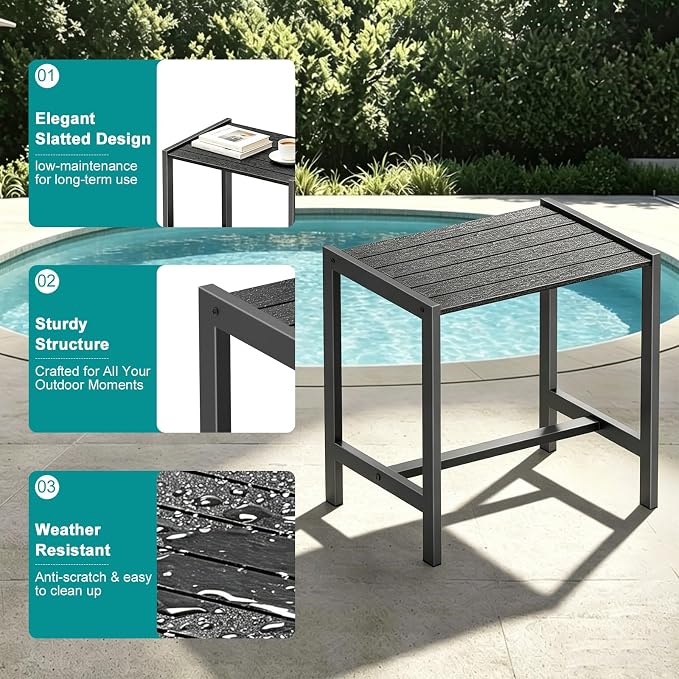 Small Outdoor Table Black Patio Side Table with Storage, Square Metal Porch End Table, Weather Resistant Adirondack Side Table for Pool, Balcony and Backyard