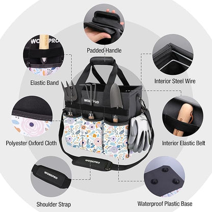 WORKPRO Garden Tool Bag Organizer, Heavy Duty Gardening Tote Bag with 10 Pockets and Long Adjustable Shoulder Strap, Standable Garden Home Tool Kits Organizer, Floral White (Tools are not Included)