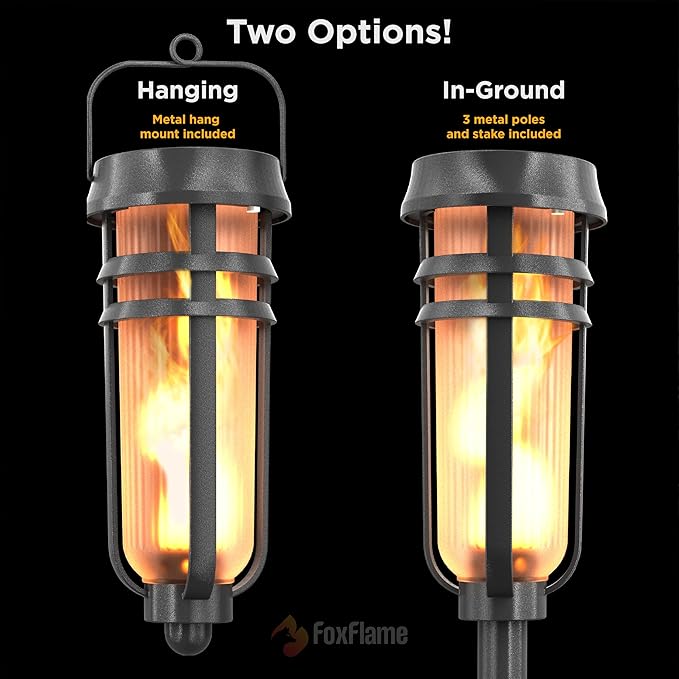 Metal Solar Torch Lights - Adjustable Height (24" - 50"), Outdoor Garden Decor with Patented LED, Waterproof Solar Tiki Torches for Yard, Patio, Garden Pathway, Matte Black – 4 Pack