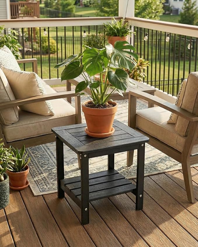 Kibaso-Adirondack Outdoor Side Table, 2-Tier HDPE Outdoor End Table, Weather Resistant Easy Maintenance, Small Patio Side Table for Patio, Pool, Porch, Garden, Lawn, and Living Room (2, Coffee Brown)