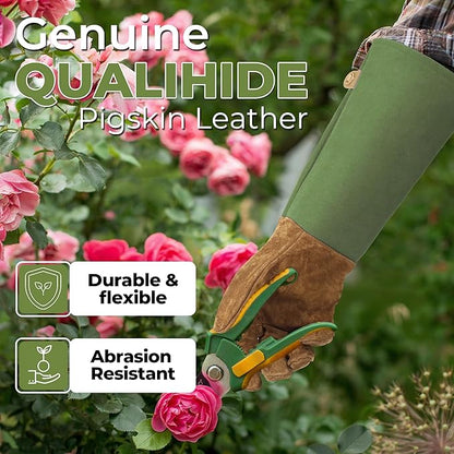 HANDLANDY Long Gardening Gloves for Men & Women, Pigskin Leather Rose Pruning Gloves, Breathable Thorn Proof Gauntlet Glove (Moss Green, S)