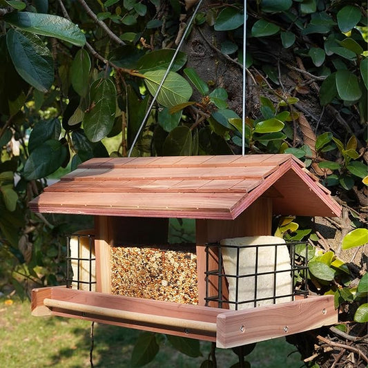 Wooden Bird Feeder for Outdoors Hanging Mount Large Capacity, Red Cedar Garden Roof Feeder with 2 Suet Cages, Cardinal Bluebird Birdfeeder for Garden Decoration Yard, Weatherproof Durable