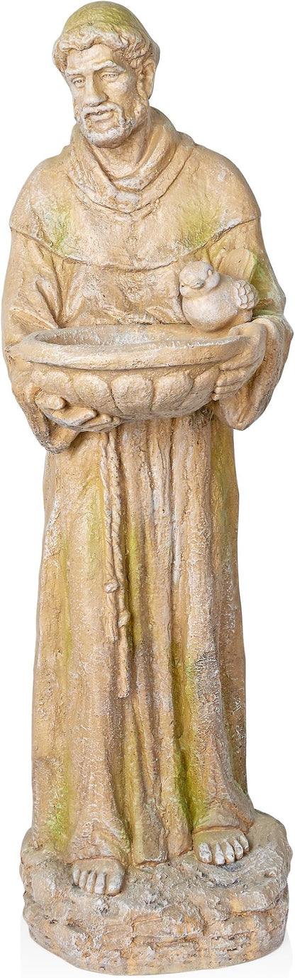 Alpine Corporation QFC107-201 Old World St. Francis Statue with Bird Feeder and Mossy Finish, 45" H, Tan and Green