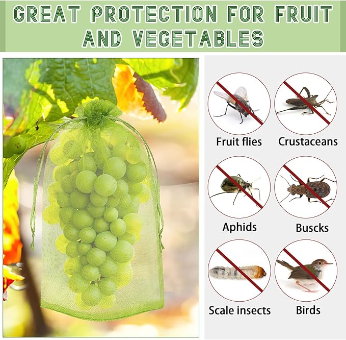 DECYOOL 120 PCS Fruit Protection Bags 6 x 8 inch, Green Fruit Bags for Fruit Trees Fruit Netting Cover Drawstring Mesh Bags Suit for Mangoes Tomatoes Fruit Trees Veggies Garden