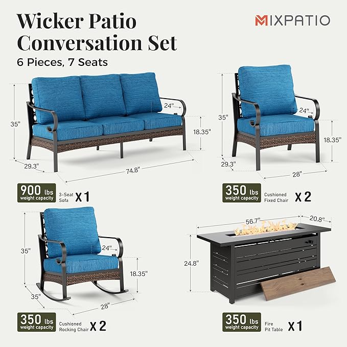 Patio Furniture Set with Firepit Table, Black Frame Outdoor Conversation Set with 2 x Fixed Chairs, 2 x Rocking Chairs, 1 x 3-Seat Sofa for Lawn Garden Backyard, Pacific Blue