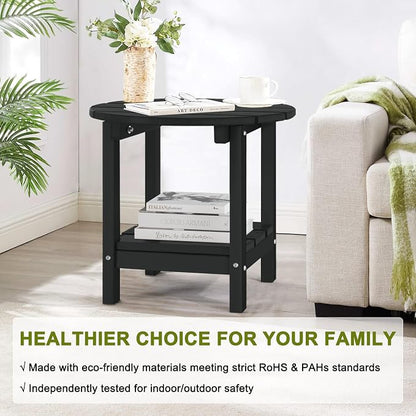 Adirondack Outdoor Side Tables, 2-Tier Round Outdoor Table, Weather Resistant HDPE Patio End Table for Garden, Lawn, Pool, Beach, Porch, Deck, Backyard - Black