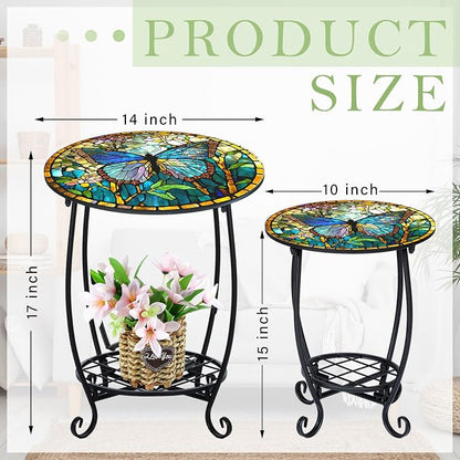 Cinnvoice 2 Pcs Outdoor Side Table Small Patio Round Mosaic Accent End Table Indoor Plant Metal Coffee Tea Tables for Patio Yard Porch Garden Living Room(10" and 14",Butterfly Style)