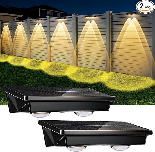 Solar Fence Lights Outdoor,2 Pack Waterproof LED Solar Powered Deck Light with Ultra Bright LED Lens,3000K/4000K/6000K Selectable,12+ Hours Steady Glow for Step,Railing,Backyard,Wall