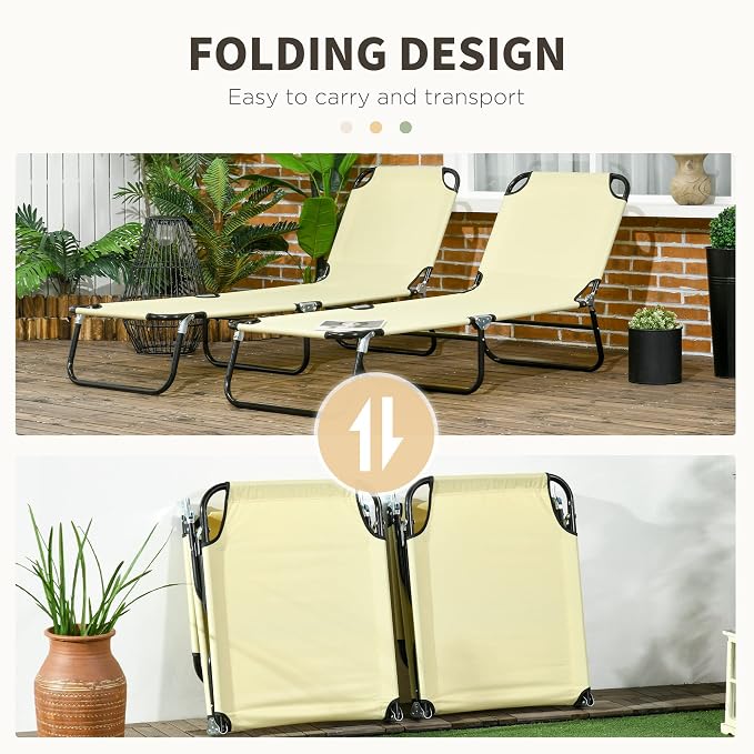 Outsunny 2 Pieces Folding Chaise Lounge Chair with 5-Level Back, Beige | Pool Sun Tanning Chairs, Breathable Mesh Seat, Headrest, for Pool, Beach, Yard, Patio, Outside