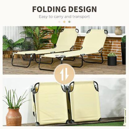 Outsunny 2 Pieces Folding Chaise Lounge Chair with 5-Level Back, Beige | Pool Sun Tanning Chairs, Breathable Mesh Seat, Headrest, for Pool, Beach, Yard, Patio, Outside