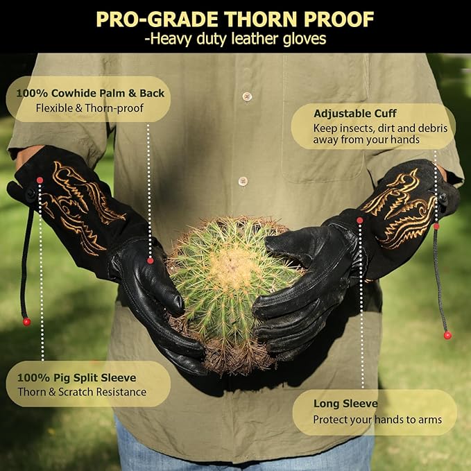 Long Leather Thorn Proof Gardening Gloves for Women/Men, Great for Rose Pruning, Cactus Handling, Weeding, Heavy Duty Gauntlet, Garden Gifts for Gardener (Western Style, Large)