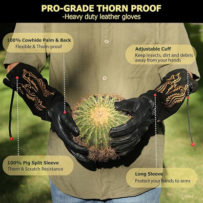 Long Leather Thorn Proof Gardening Gloves for Women/Men, Great for Rose Pruning, Cactus Handling, Weeding, Heavy Duty Gauntlet, Garden Gifts for Gardener (Western Style, Large)