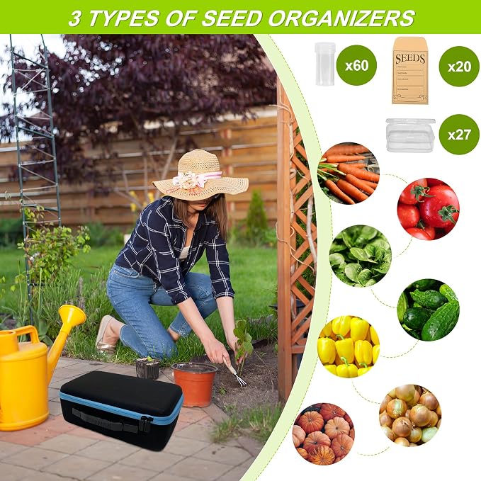 87 Slots Seed Storage Organizer Box with 20 Envelopes, Large Capacity Seed Storage Container with Zipper Bag, Label Stickers, Tweezers, Funnel, Garden Seeds Saver Kit for Vegetable, Flower
