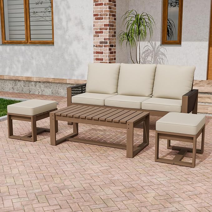 Rustic Hideaway Natural Cedar Wood Outdoor Furniture Set, Wicker Patio Conversation Set for Porch Garden Backyard, Couch, Coffee Table and 2 Ottomans, 4 Piece, Brownish/Beige