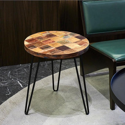 Wood Multi Color Side Table 17.5" x 17.5" x 20" H Reclaimed Vintage Round Accent Coffee Table Wooden Rustic Outdoor Patio End Tables Plant Stand Living Room Bedroom