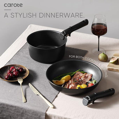 CAROTE 19pcs Pots and Pans Set Non Stick, Detachable Handle Cookware | Kitchen Cooking Sets, Space Saving, Dishwasher & Oven Safe, Non-Toxic, for Camping/RV/Traveling, Black