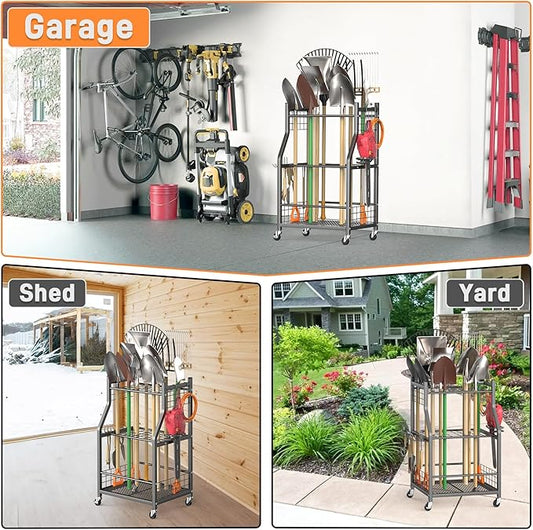 TORACK Garden Tool Organizer with Wheels, Rakes Shovels Yard Tools Stand for Garage, Shed, Garden, Indoor/Outdoor Long-Handled Tools Cart(Mid-size)