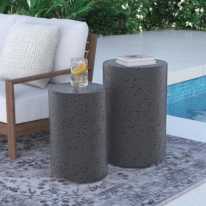 SUNBURY Concrete Side Table Set of 2, Outdoor Side Table Nesting for Patio, Outdoor Accent End Patio in Spotted, Ceramic Garden Stool for Yard, Pool, Round, Dark Grey