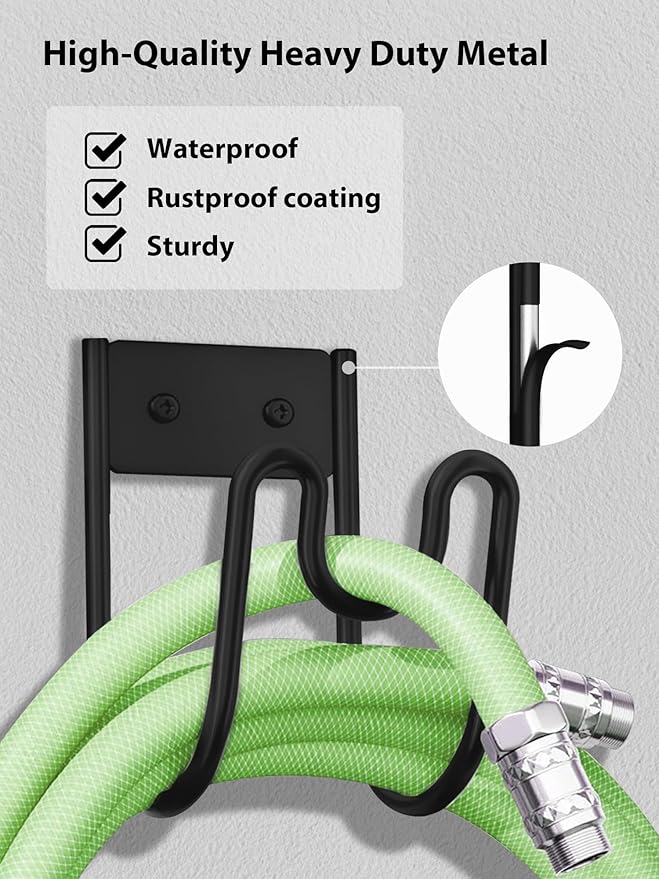 Metal Garden Hose Holder, Wall Mounted Water Hose Hanger, Solid Hose Hook for Garden Garage Water Hose/ Extension Cords/ Vacuum Lines (Black)
