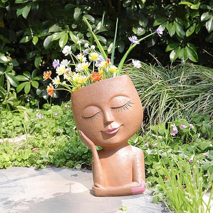 Cute Girl Face Plant Pot Resin Succulent Flower Pot Head Planter Pot for Home Decor Large Plant Holder with Drainage Hole for Indoor and Outdoor