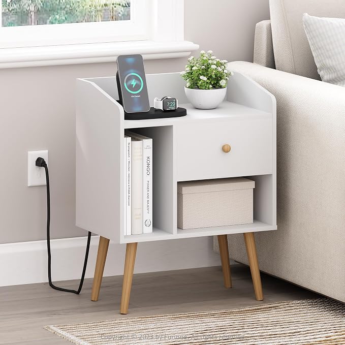 Furinno Claude Side Table, Mid Century End Table with Charging Station, Wooden Legs Night Stand, Bedside Table with USB and Type-C Port, for Living Room, Bedroom, White