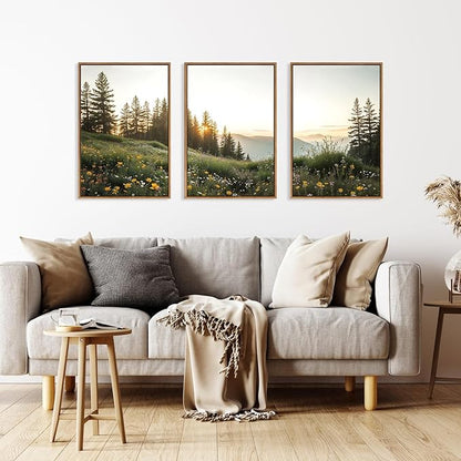 FWIEXA Mountain Canvas Wall Art Set, Framed Forest Nature Wall Decor, 3 Piece Landscape Paintings Artwork, 16x24 Inches Wildflower Pictures for Living Room, Bedroom, Office