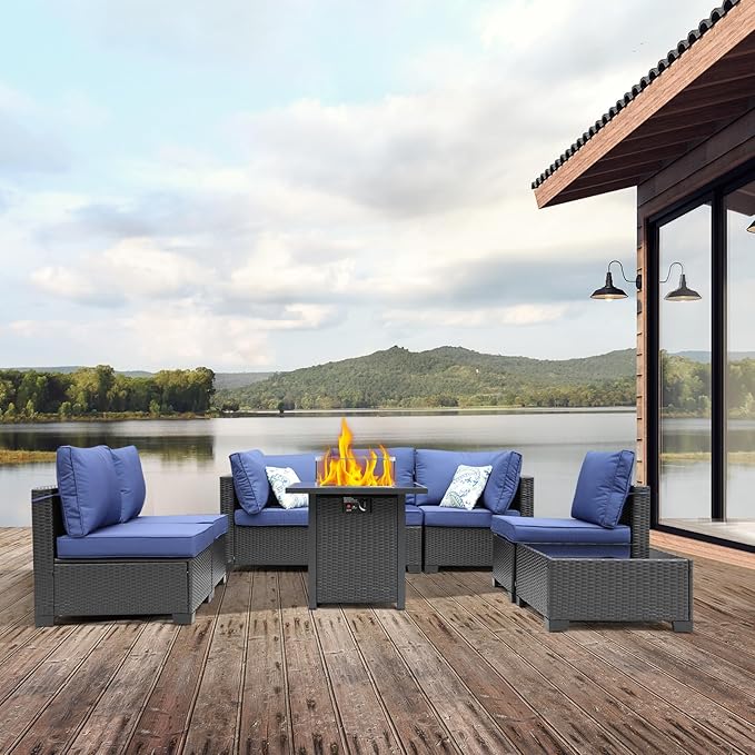 8 Pieces Patio Furniture Set with 28" Fire Pit Table, Wicker Outdoor Sectional Couch, Rattan Conversation Set for Backyard, Deck, Garden Lawn, Coffee/Blue