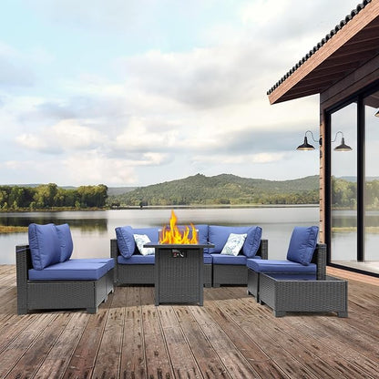 8 Pieces Patio Furniture Set with 28" Fire Pit Table, Wicker Outdoor Sectional Couch, Rattan Conversation Set for Backyard, Deck, Garden Lawn, Coffee/Blue